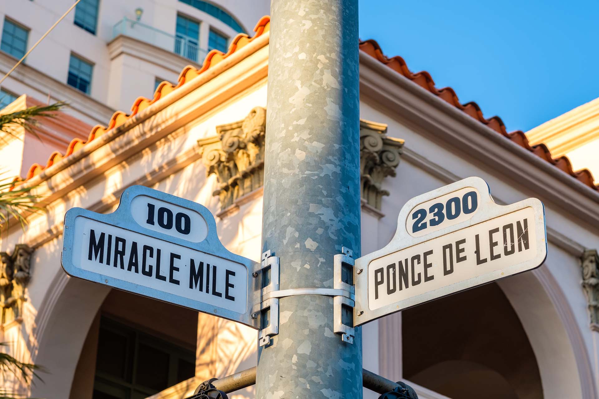Street Sign of 100 Miracle Mile & 2300 Ponce de Leon